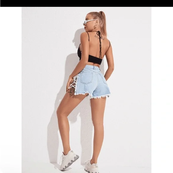 Furst Of A Kind Upcycled Vintage Lace Up High Waist Sasson Blue Denim Shorts - Picture 3 of 8